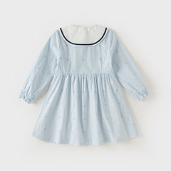 Dave&Bella Toddler Girls Autumn Blue White Striped School Breathable Cotton A-line Dress