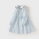 Dave&Bella Toddler Girls Blue White Striped School Breathable Cotton A-line Dress