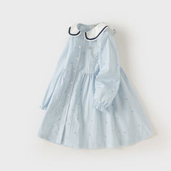Dave&Bella Toddler Girls Autumn Blue White Striped School Breathable Cotton A-line Dress