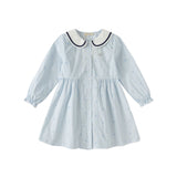 Dave&Bella Toddler Girls Blue White Striped School Breathable Cotton A-line Dress