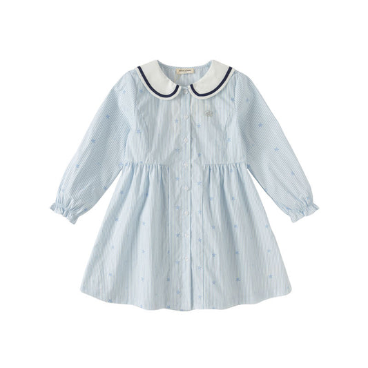 Dave&Bella Toddler Girls Autumn Blue White Striped School Breathable Cotton A-line Dress