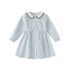 Dave&Bella Toddler Girls Autumn Blue White Striped School Breathable Cotton A-line Dress