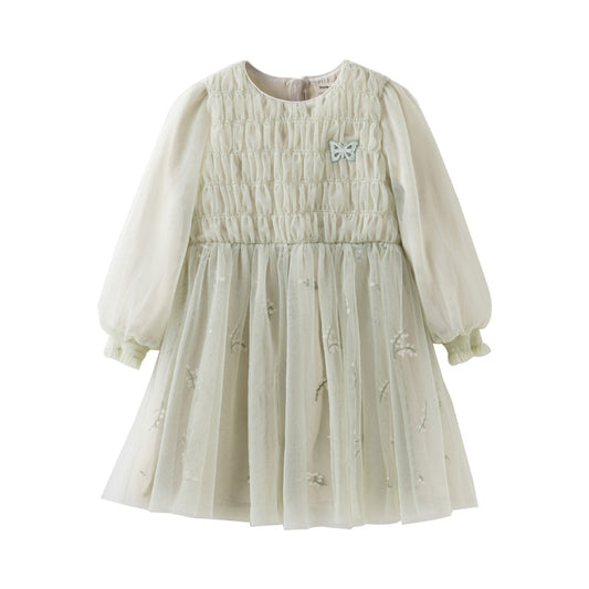 Dave&Bella Kids Girls Autumn Grey Green Classic Round Collar Mesh Part Dress