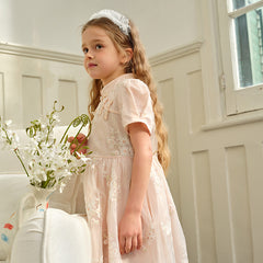 Dave&Bella Kids Girls Summer Orange Pink Chinese-style Embroidery Elegant Mesh Dress