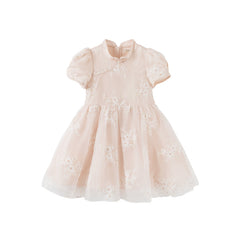 Dave&Bella Kids Girls Summer Orange Pink Chinese-style Embroidery Elegant Mesh Dress