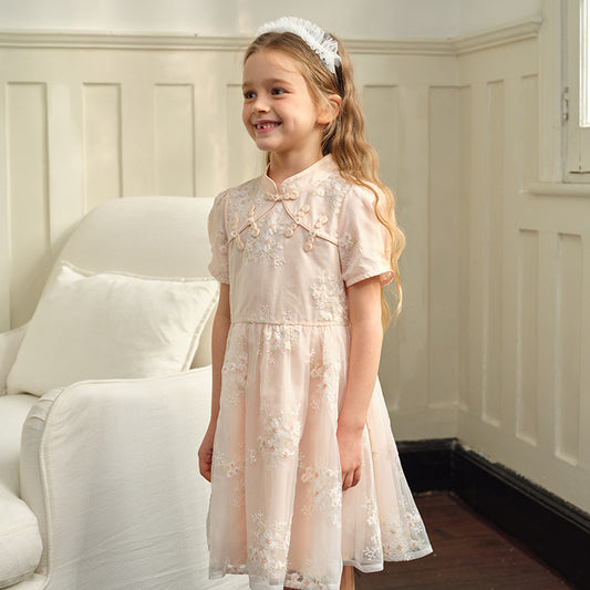 Dave&Bella Kids Girls Summer Orange Pink Chinese-style Embroidery Elegant Mesh Dress