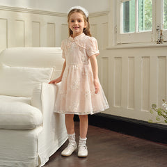 Dave&Bella Kids Girls Summer Orange Pink Chinese-style Embroidery Elegant Mesh Dress