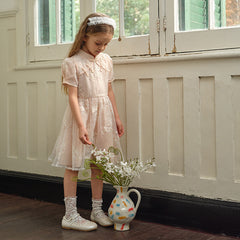 Dave&Bella Kids Girls Summer Orange Pink Chinese-style Embroidery Elegant Mesh Dress