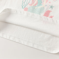 Girls' White Printed Short Sleeve Cotton T-Shirt