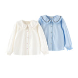 Dave&Bella Kids Girls White/Blue Long Sleeve Breathable Cotton Blouse Shirt
