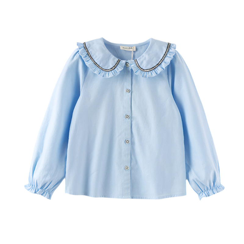 Dave&Bella Kids Girls White/Blue Long Sleeve Breathable Cotton Blouse Shirt
