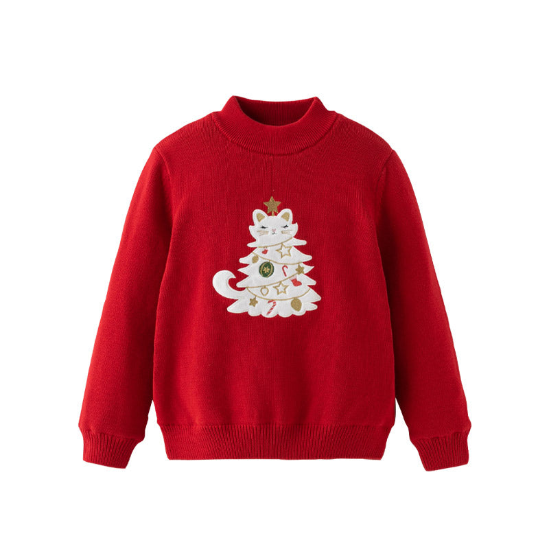 Dave&Bella Kids Girls Red Knit Christmas-tree Decorations Turtle Fleece-Lined Sweaters