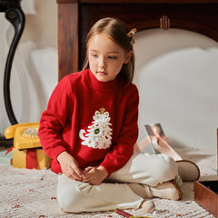 Dave&Bella Kids Girls Red Knit Christmas-tree Decorations Turtle Fleece-Lined Sweaters