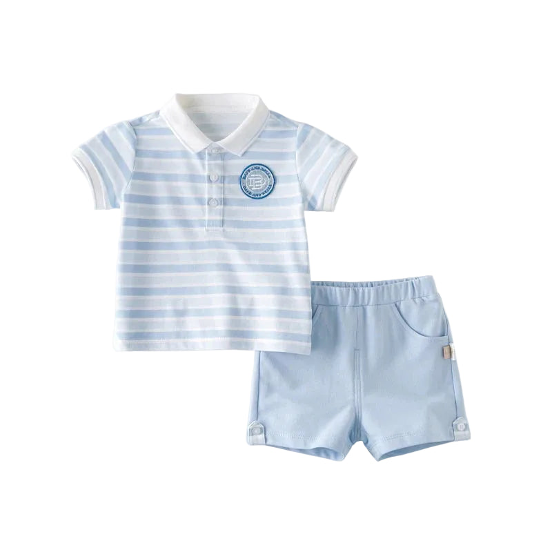 Dave&Bella Toddler Boys Summer Breathable Cotton Blue Striped Preppy Outfit Sets