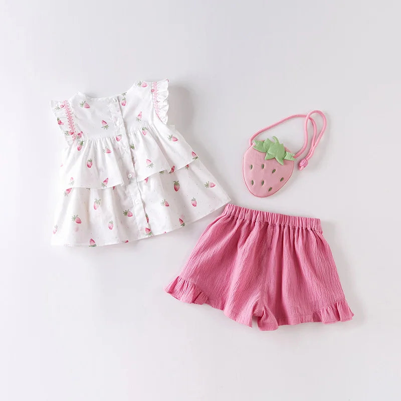 Dave&Bella Summer Toddler Girls Pink Strawberry Print Casual Outfit Sets(wallet bag)