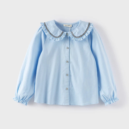 Dave&Bella Kids Girls Spring Solid Color Cotton Blouse Shirt Top Blue
