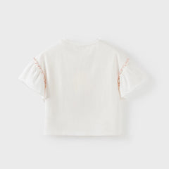 Girls' White Printed Short Sleeve Cotton T-Shirt