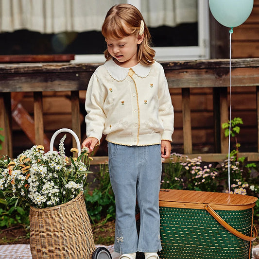 Dave&Bella Children Girls Spring Casual Embroidery Sweet Flared Jeans