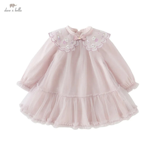 Dave&Bella Girls Spring Dress - Cute Mesh Embroidery Princess Dress for Party