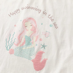 Girls' White Printed Short Sleeve Cotton T-Shirt