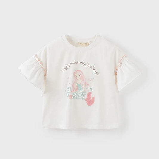 Girls' White Printed Short Sleeve Cotton T-Shirt