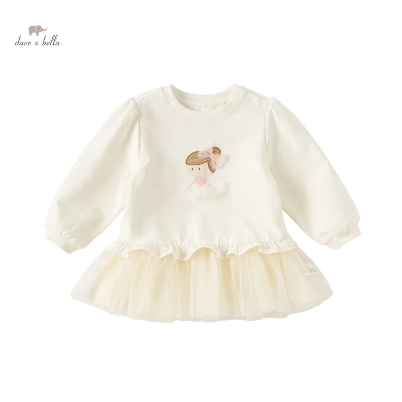 Dave&Bella Kids Girls Spring Cartoon Mesh False Two-Piece Dress
