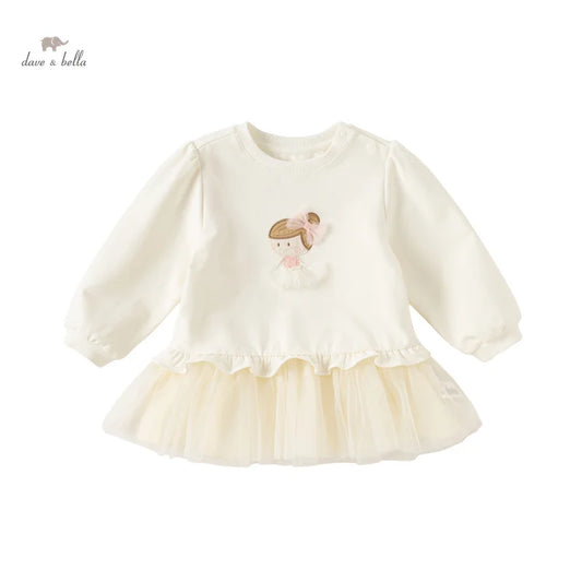 Dave&Bella Kids Girls Spring Cartoon Mesh False Two-Piece Dress