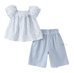 Dave&Bella Girls Summer Cotton Lantern Sleeve Floral Print Top Short Pants Two-piece Set