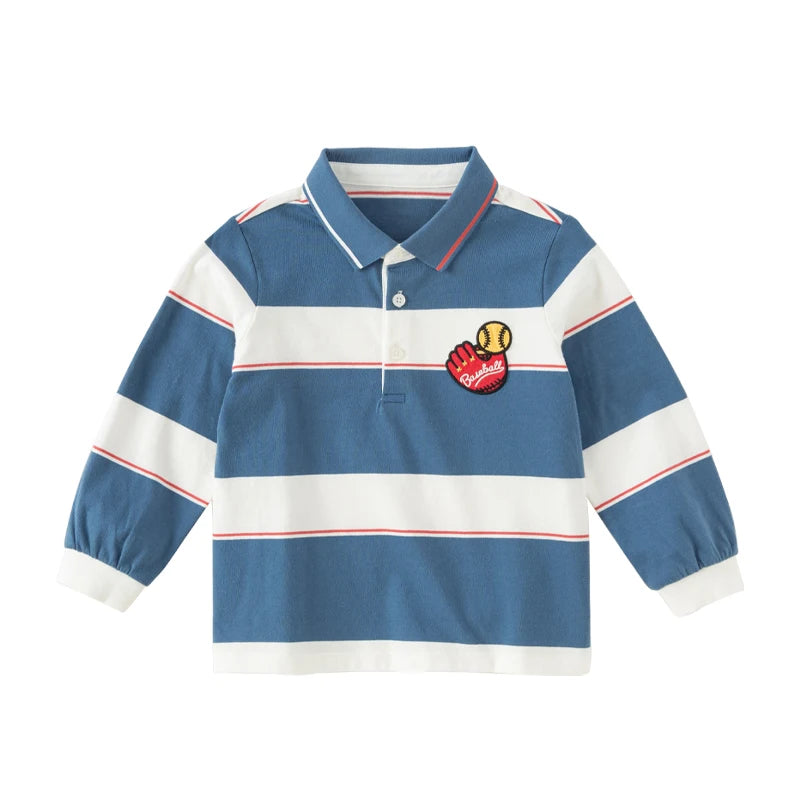 Dave&Bella Toddler Boys Casual Blue Striped Breathable Cotton long-sleeved Polos