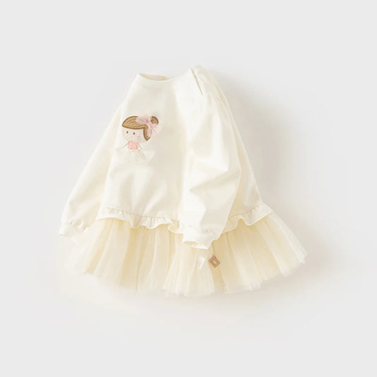 Dave&Bella Kids Girls Spring Cartoon Mesh False Two-Piece Dress