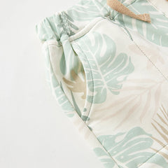 Dave&Bella Summer Toddler Boys Leaf Print White Two-Piece Suit