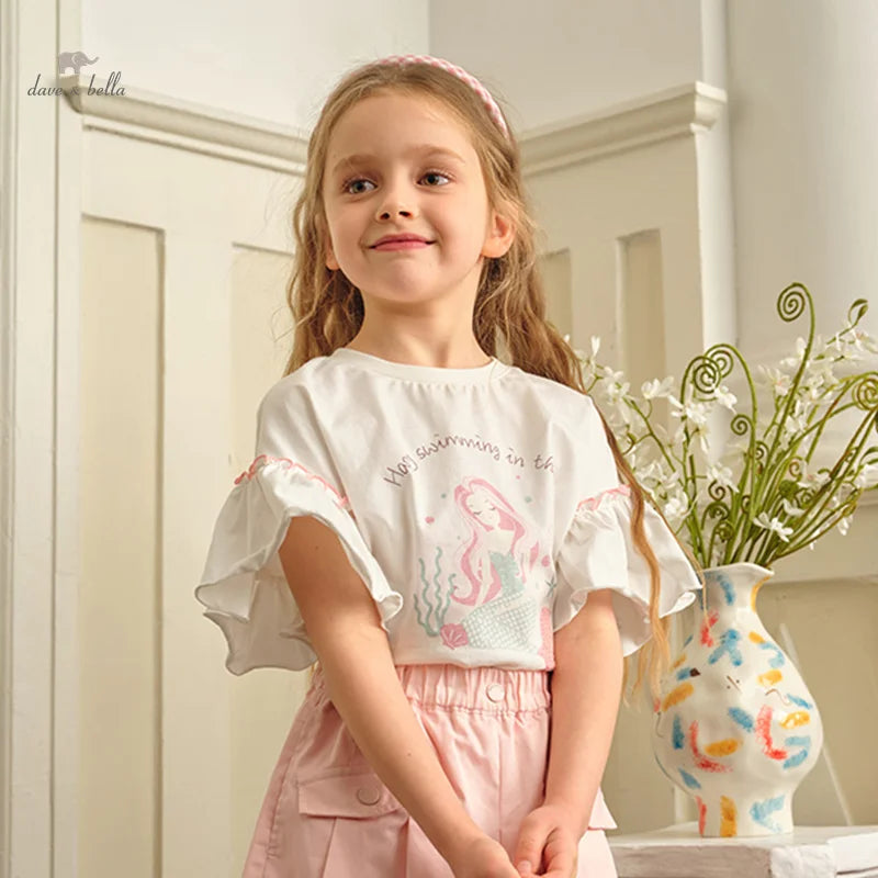 Girls' White Printed Short Sleeve Cotton T-Shirt