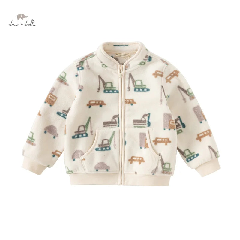 Dave&Bella Children Boys Spring Fleece Cartoon Print Jackets Coats Zipper Tops