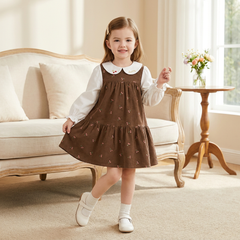 Dave&Bella Toddler Girls Brown Cherry Print Doll Collar Cozy Cotton A-line Dress