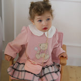 Dave&Bella Toddler Girls Adorable Pink Bear-print Plaid Dress-style Sweatshirts