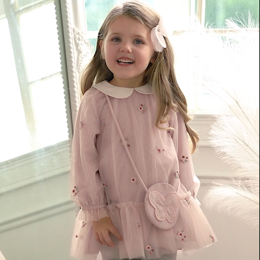 Dave&Bella Toddler Girls Autumn Sweet Pink Embroidery Mesh Princess Dress (wallet bag)