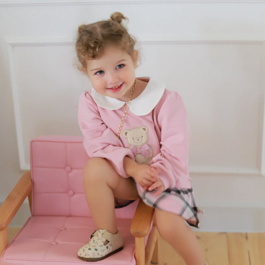Dave&Bella Girls Adorable Pink Bear-print Plaid Dress-style Sweatshirts Tops